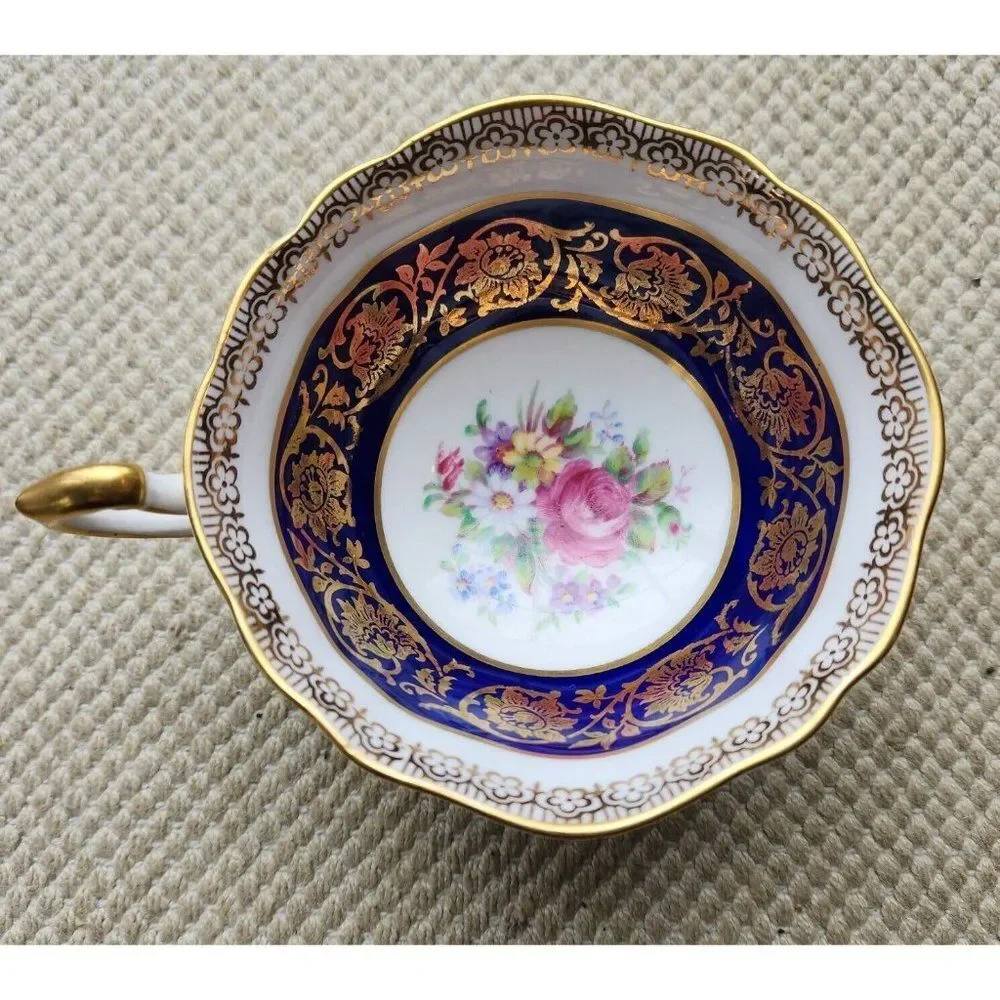 Paragon Teacup and Saucer Cobalt Gold Floral Cabbage Rose Flower Made in England